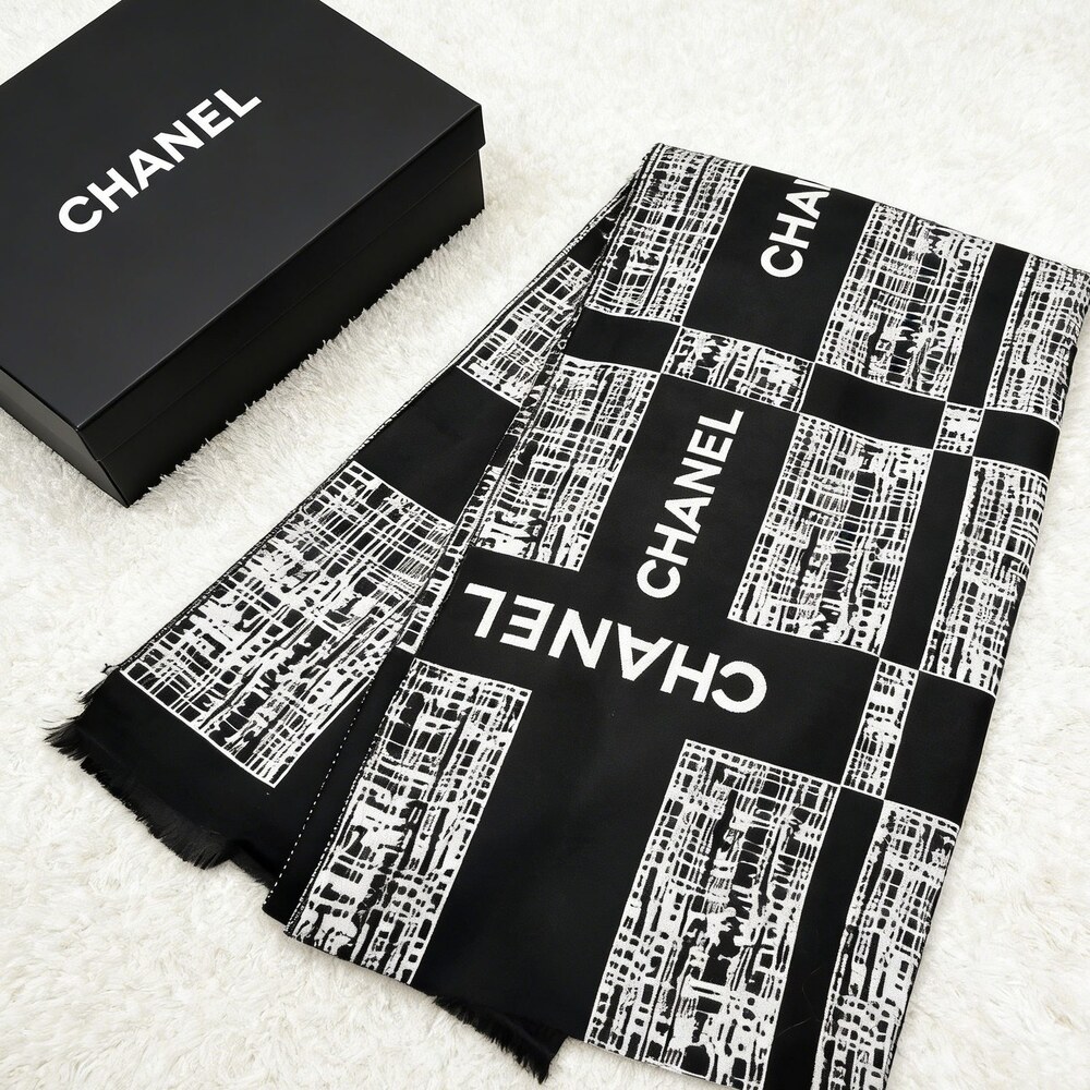 CHANEL Black White Textured Grid Signature Scarf